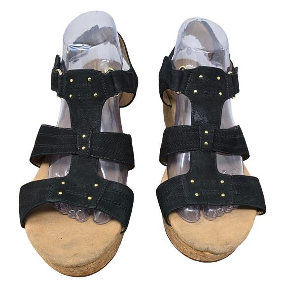 Clarks Black Suede 3.5" Heels Strappy Wedge Sandals Women's 11 - Picture 1 of 10